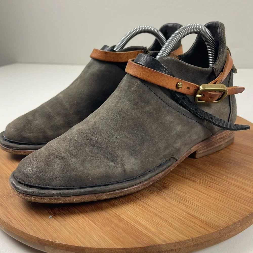A.S.98 Black Suede Ankle Booties with Tan Strap